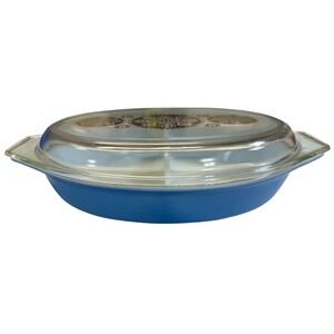 VTG 1960's Pyrex Royal Blue Divided Casserole Dish 1.5 QT & Gold Medallion Lid